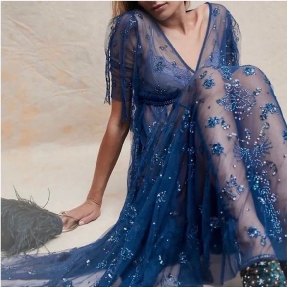 Free People rare teal sequin maxi dress NWT - Picture 3 of 10